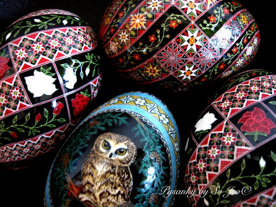 Saw Whet Owls Pysanka / Pysanky Ukrainian Easter Batik Egg Art by So Jeo