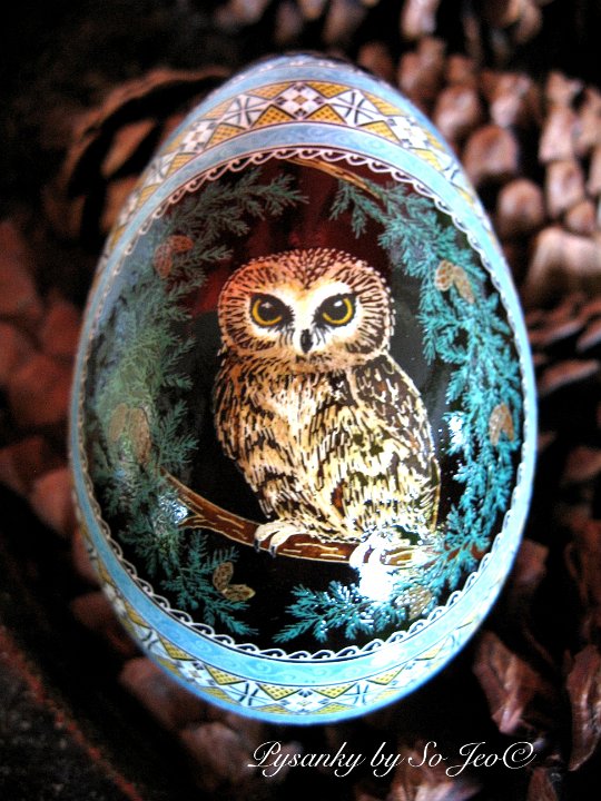 Saw Whet Owls Pysanka / Pysanky Ukrainian Easter Batik Egg Art by So Jeo