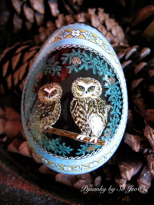 Saw Whet Owls Pysanka / Pysanky Ukrainian Easter Batik Egg Art by So Jeo