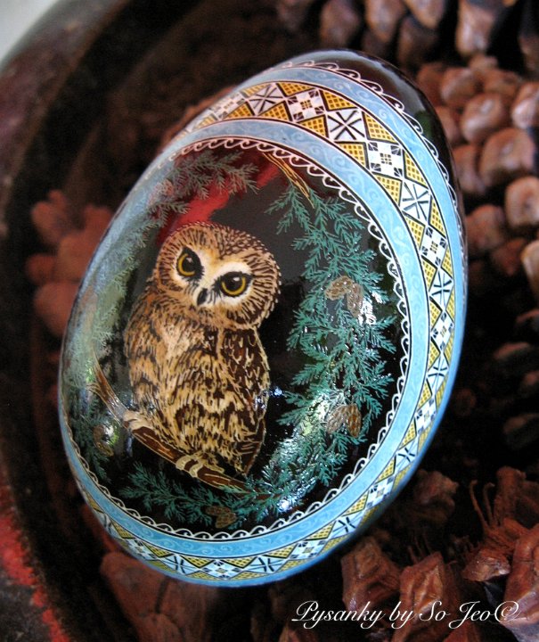 Saw Whet Owls Pysanka / Pysanky Ukrainian Easter Batik Egg Art by So Jeo