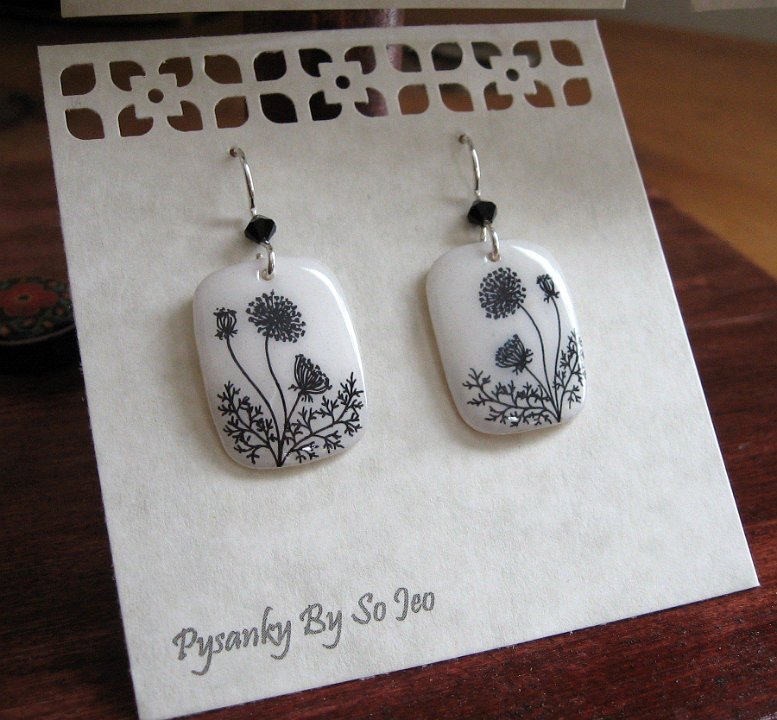 White & Black Queen Anne's Lace Earrings Pysanky By So Jeo