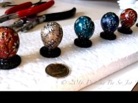 Soon to be Button Quail Pendants : pysanky sojeo so jeo pysanka ukrainian easter egg batik art eggshell artist design designs finch parakeet lovebird tiny actual earrings jewelry pendants